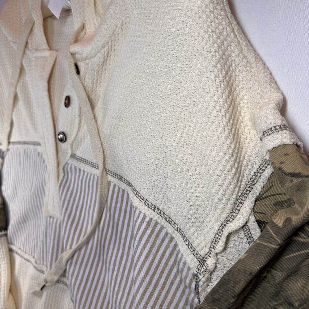 POL Waffle Knit Pullover Hoodie Camo Patchwork Small Boho Lagenlook Oversized